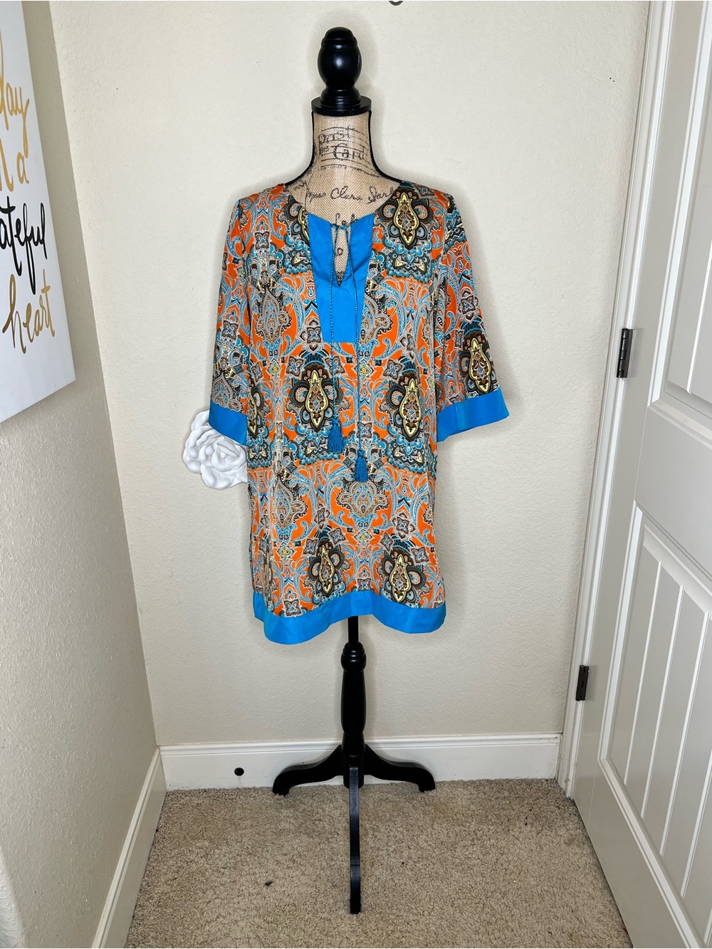 NTM: Umgee USA Paisley Tunic Dress Medium Boho Tassel Tie Orange Turquoise